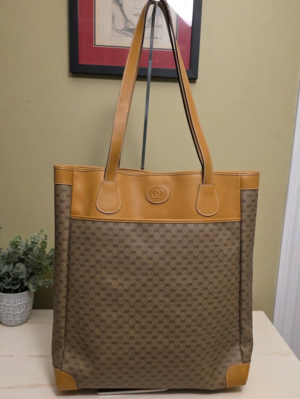 Gucci | Vintage Micro GG Monogram Supreme Tote with Tan Leather Trim